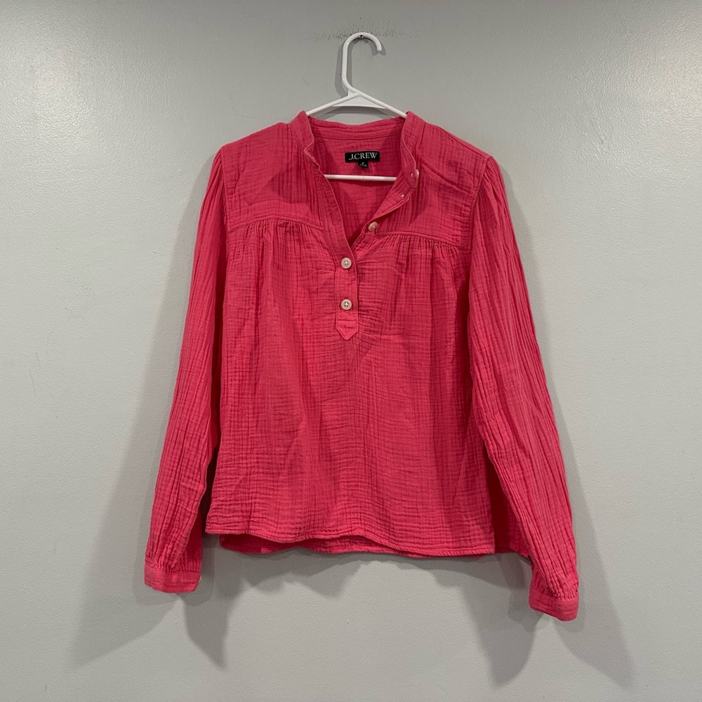 J. Crew Hot Pink Gauze Top Mandarin Collar Medium M